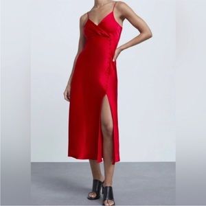 Zara SATIN LINGERIE STYLE DRESS midi with slit Small